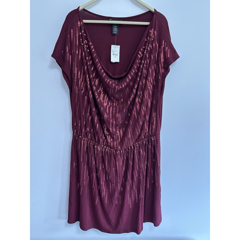 NWT Lane Bryant Sequin Cowl Tee Dress‎ Stretch Burgundy Short Sleeve Size 14/16